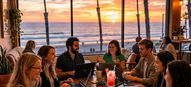 Group of people working on laptops around a wooden table with ocean sunset and palm trees visible through large windows