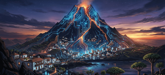 Volcano with glowing circuit patterns erupting molten lava